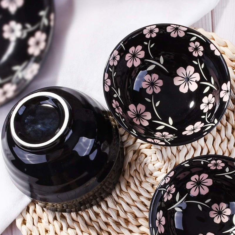 Whitenesser Japanese Style Rice Bowl Set of 4 Ceramic Cereal Bowls for Soup Snack Oat (4, Black Sakura) - Image 5